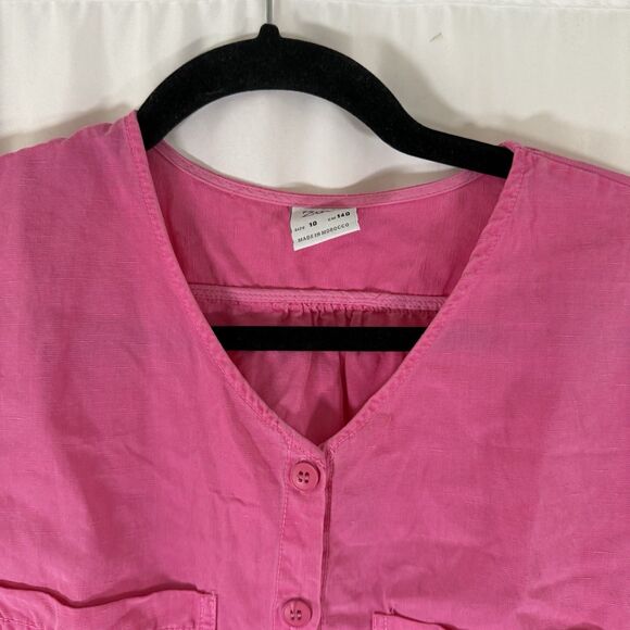 Zara Blouse Girls 10 140 CM Pink Cropped Vneck Button Up Short Sleeve Linen - Picture 2 of 9